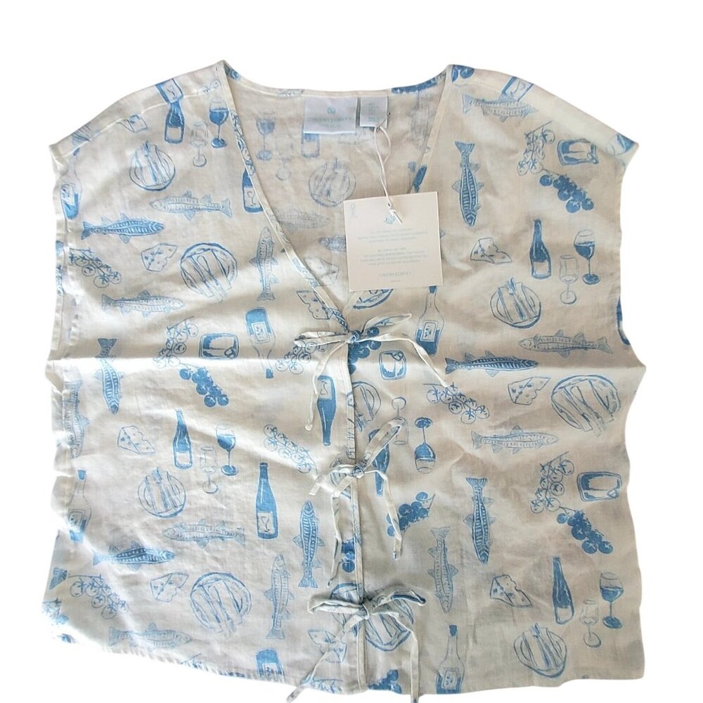 Cynthia Rowley Linen Top With Tie Closures & Summer-Themed Food Print Size L